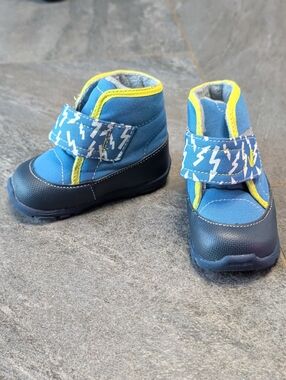 See Kai Run Blue Lightning Strap Walker Boots with Yellow Accent